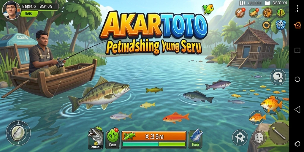 Tampilan gameplay AKARTOTO dengan berbagai jenis ikan dan alat pancing.