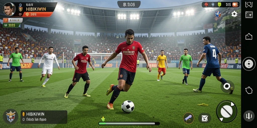 Tampilan gameplay HIBIKIWIN yang seru dalam pertandingan sepak bola.