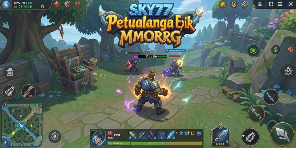 Tampilan gameplay SKY77 menampilkan pertempuran epik dan eksplorasi yang luas.