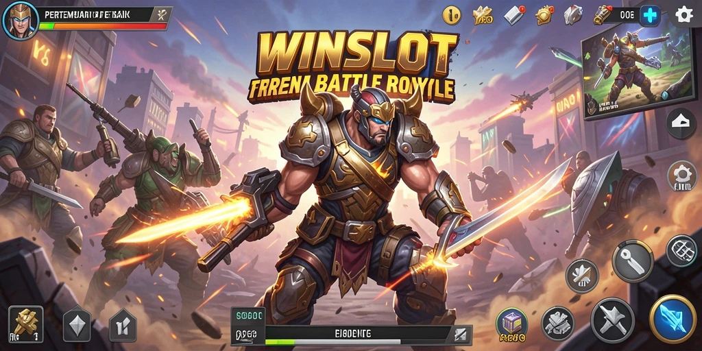 Screenshot gameplay WINSLOT dengan aksi pertempuran intens di arena Battle Royale.