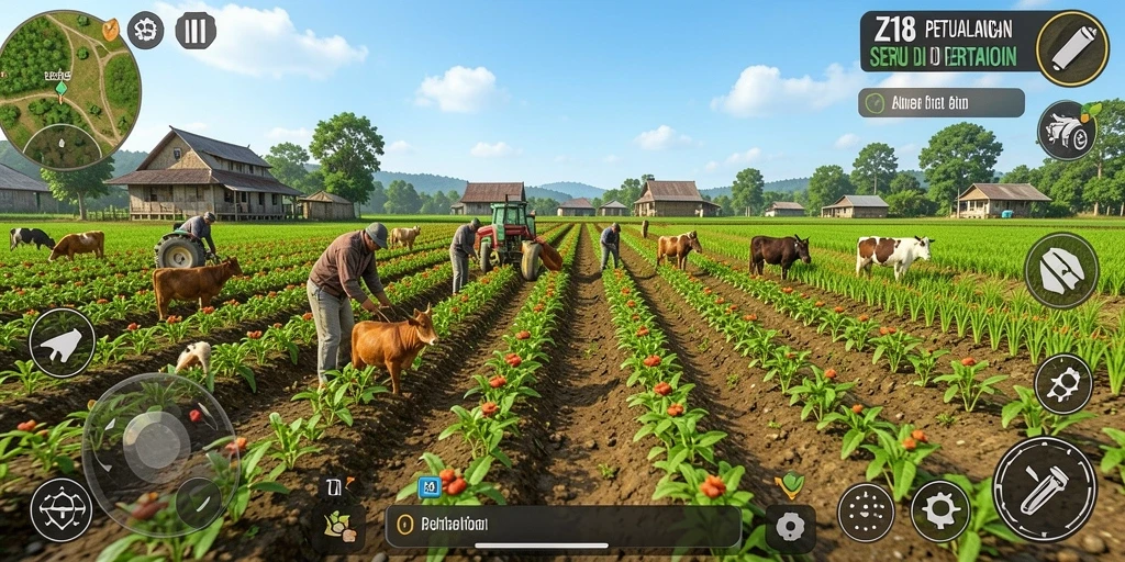 Screenshot gameplay Z18 dengan berbagai tanaman dan hewan ternak.